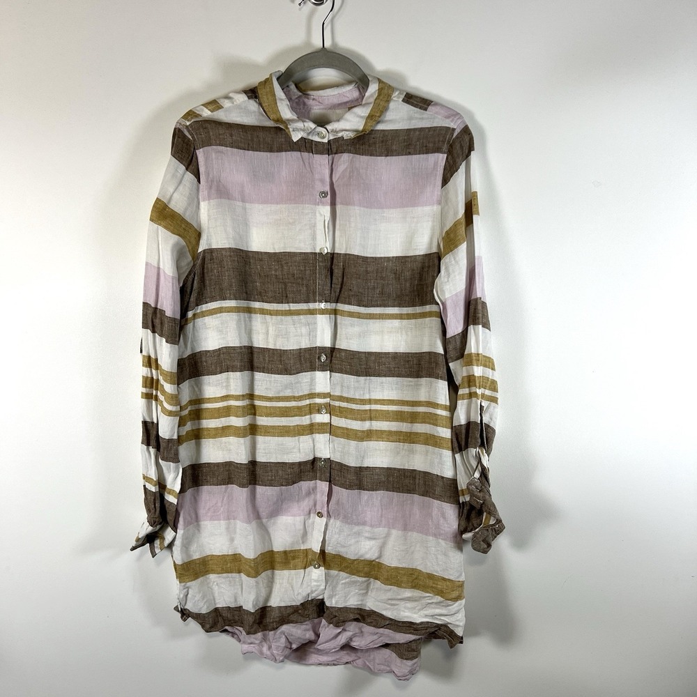 Rachel Zoe Womens Sz Large Tunic Blouse 100% Linen Striped Lagenlook Beachy